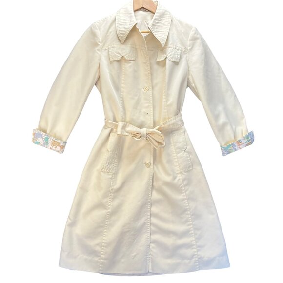 Vintage Ivory Trench Coat With Floral Cuffs Size 13/14 - Picture 1 of 13
